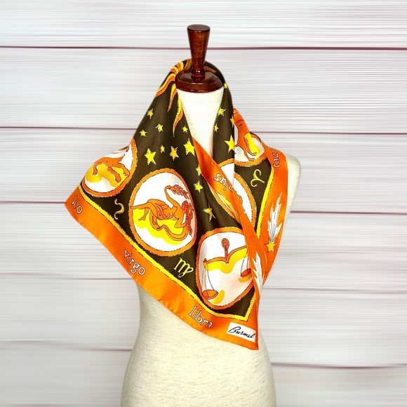 Burmel Silk Blend Scarf Vintage Zodiac Astrology Orange Brown Yellow 26x26" - Picture 3 of 10